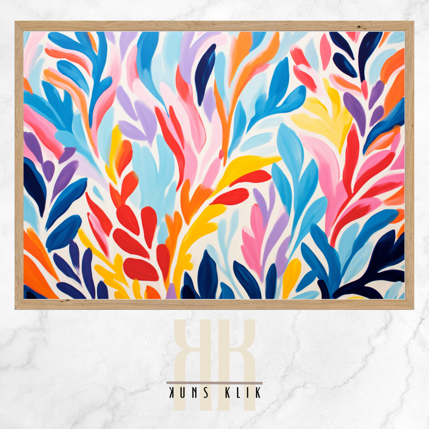  The artwork is a Matisse-style painting featuring a loose, abstract pattern of leaf shapes in a variety of pastel and vibrant hues against a white background. The brushstrokes are visible, giving a textured and dynamic feel to the composition. The color palette includes shades of blue, pink, orange, and yellow, creating a cheerful and lively atmosphere. The overall effect is reminiscent of a breezy, spring day.