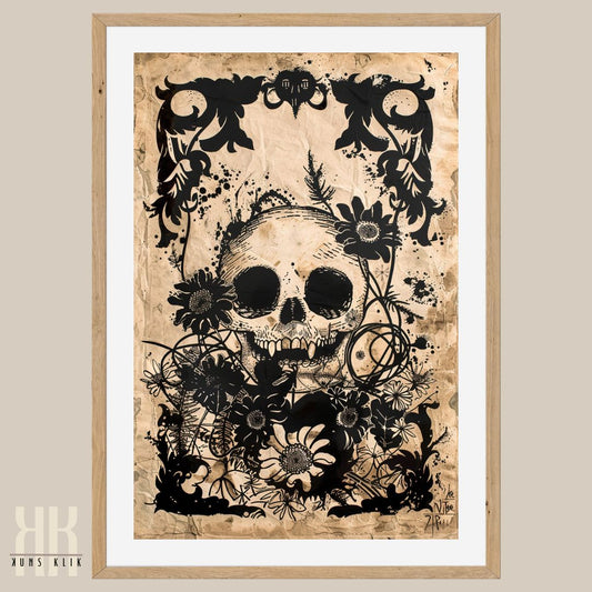 Floral Skull Linocut Print with Dark Garden Theme