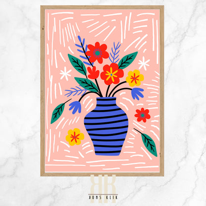 Colorful digital illustration of a striped blue vase with a variety of vibrant flowers on a textured pink background with white line accents