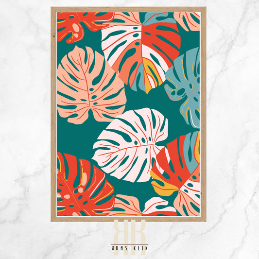 This image is a graphic art print featuring a pattern of tropical monstera leaves in various shades of pink, red, and green against a dark teal background. The leaves are stylized with added lines and dots for detail. 