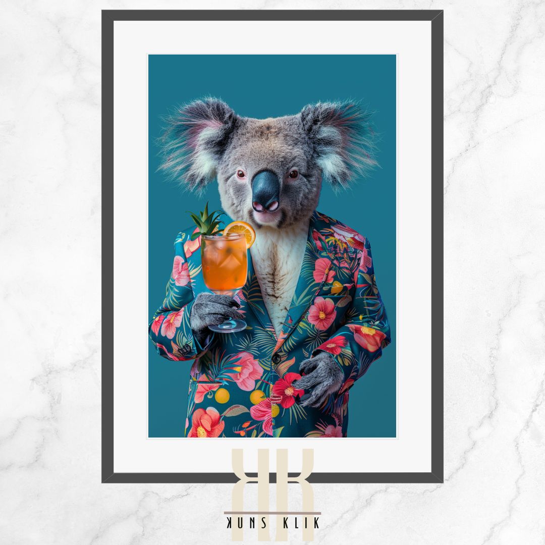 Elegant Koala with Cocktail in Tropical Suit