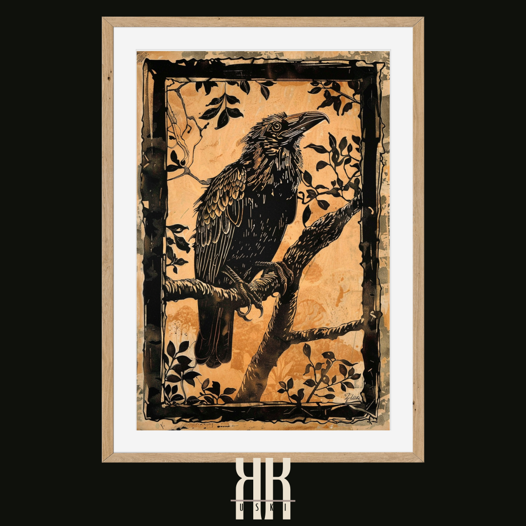 Bold Raven on Branch in Antique Woodcut Style