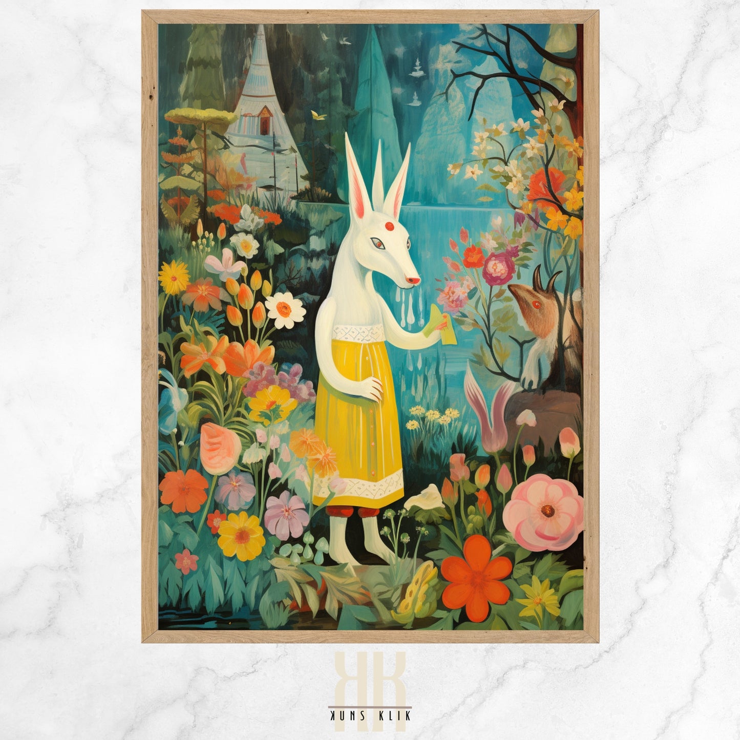  A whimsical painting depicting a figure in a bright pink and yellow outfit with a rabbit-eared headdress, surrounded by an assortment of animals, trees, and flowers in a stylized, fairy tale-like setting.