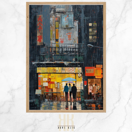 A digital art print of a rainy urban night scene, featuring two silhouetted figures walking under an umbrella among reflective, colorful, abstract shapes on wet pavement.