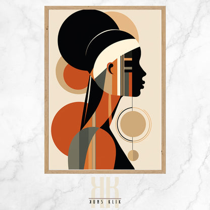 Stylized portrait of a woman with geometric design elements in bold colors, featuring abstract shapes forming her hat and facial features, against a minimalist background.