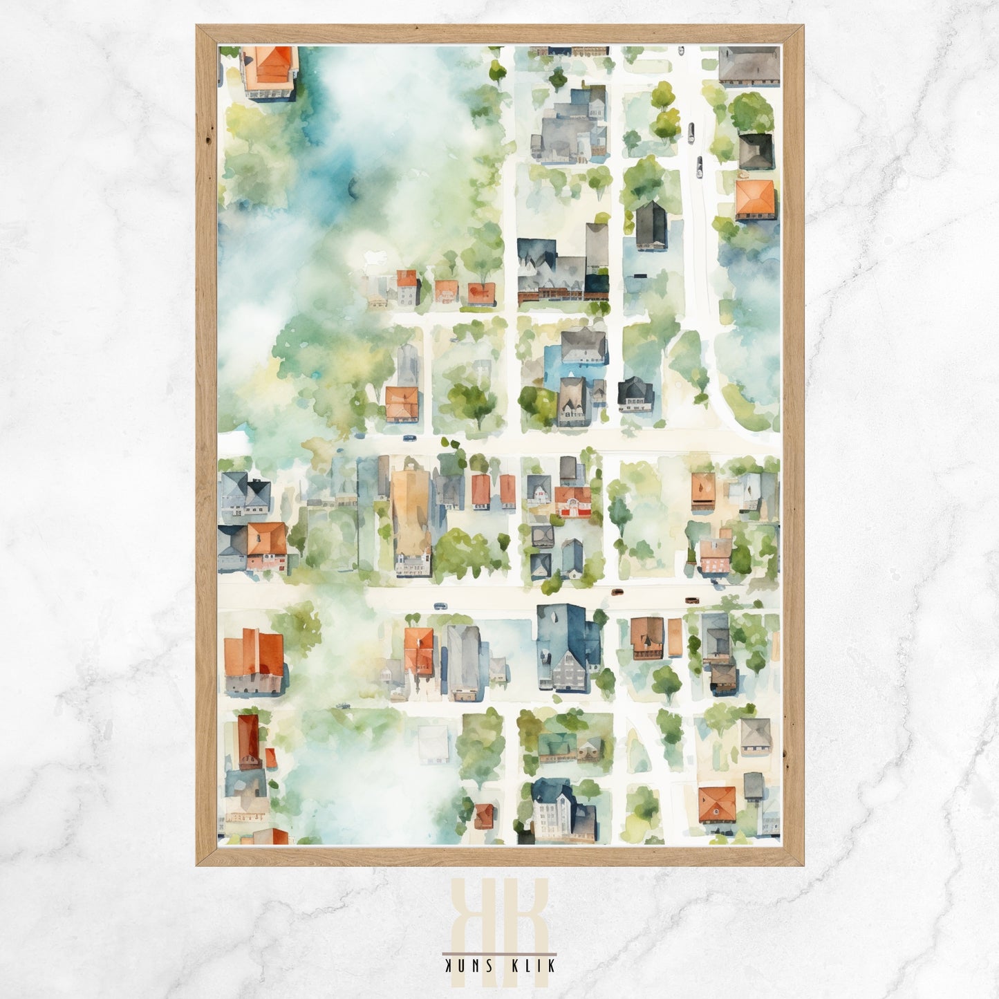 Watercolor painting depicting an abstract, top-down view of a city, with a warm, earthy color palette and soft, blending hues that suggest an impressionistic map of urban streets and blocks.