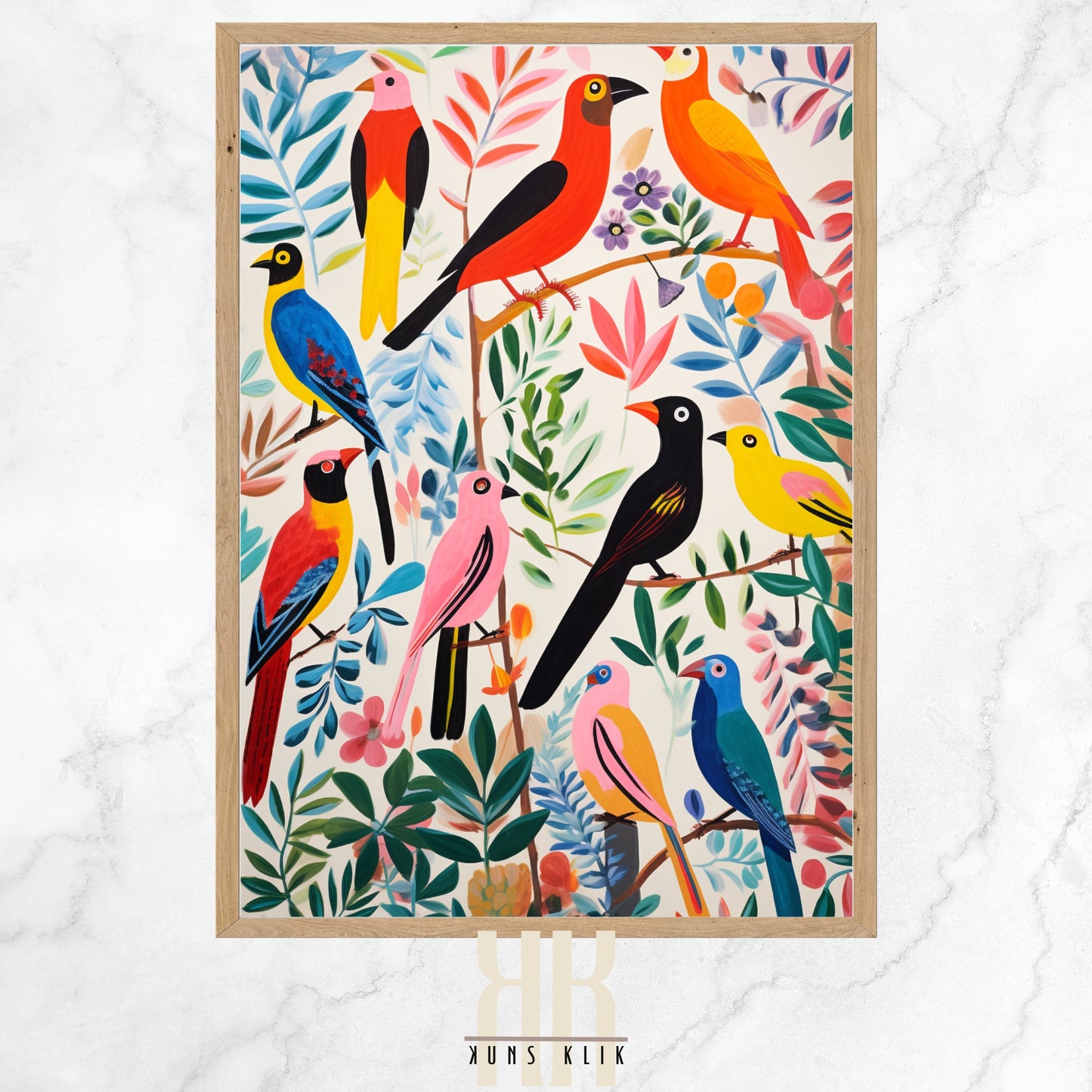 A colorful art print featuring a variety of stylized birds perched on branches amidst lush foliage; each bird is depicted in a unique, vivid color palette against a floral background, creating a vibrant and dynamic scene celebrating wildlife and nature.