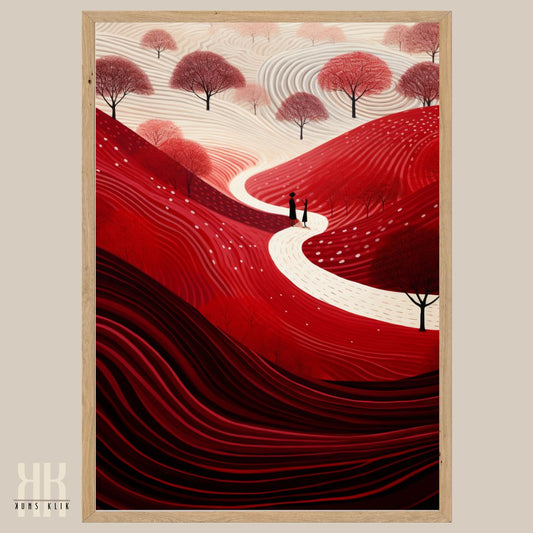 Abstract Red Landscape Print with Silhouetted Figures