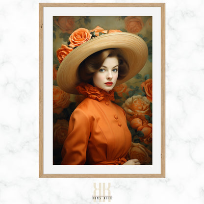 vintage fashion photography, woman in orange dress and hat with flowers.