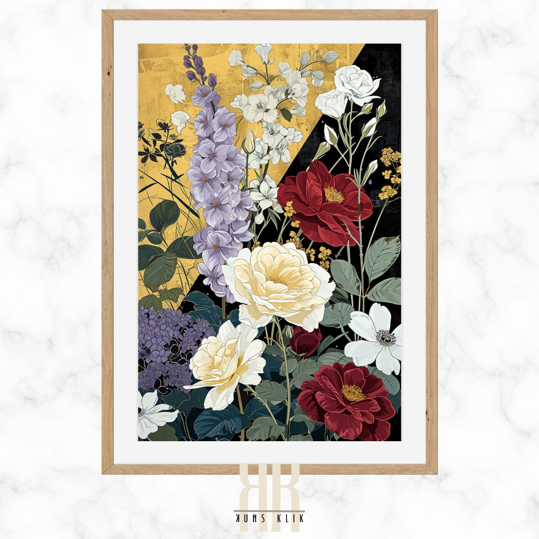 Florals on Gold and Black Background Print