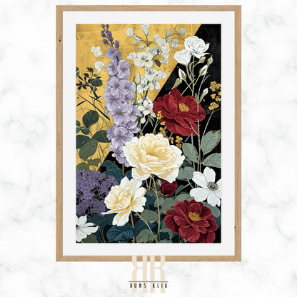 Florals on Gold and Black Background Print