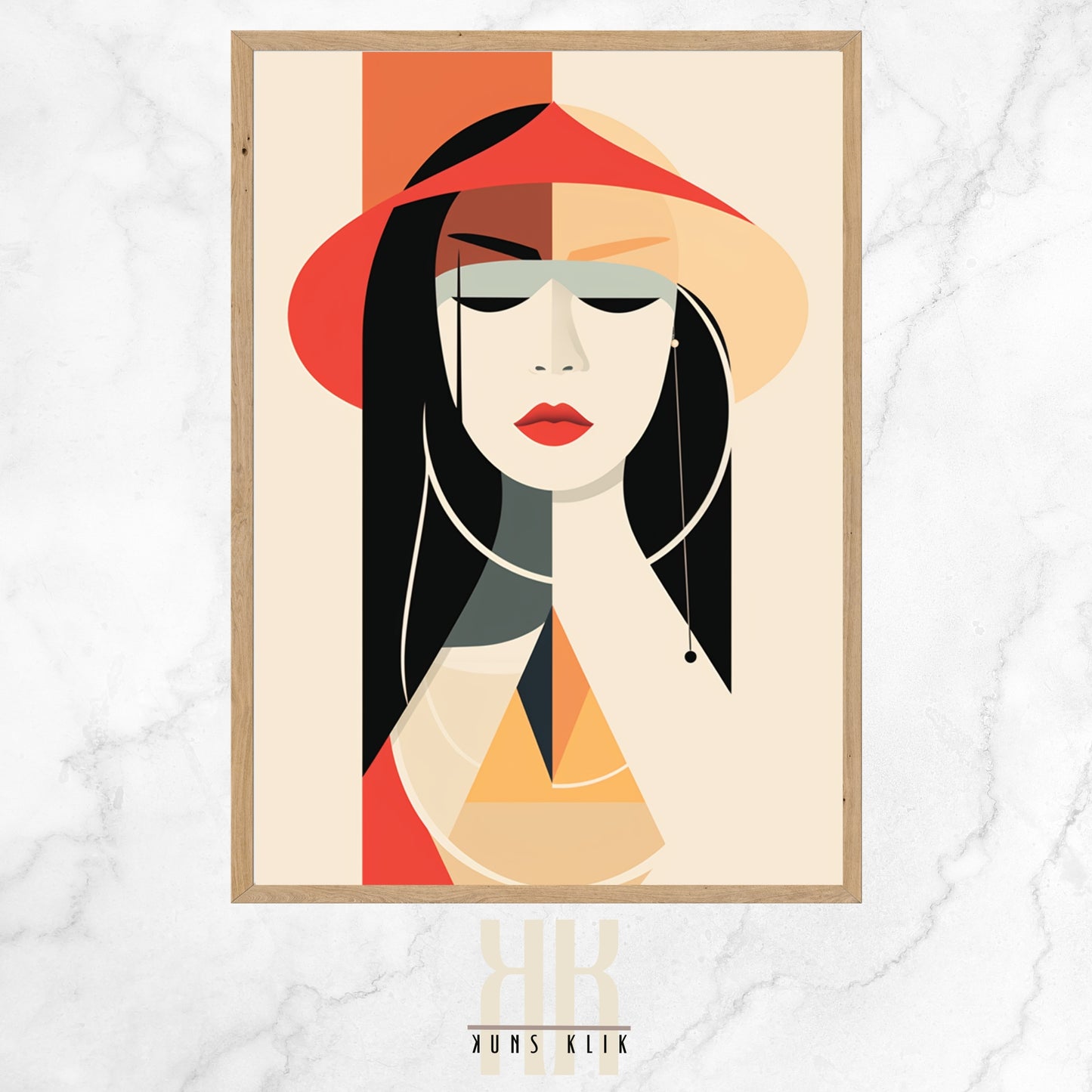 Stylized portrait of a woman with geometric design elements in bold colors, featuring abstract shapes forming her hat and facial features, against a minimalist background.