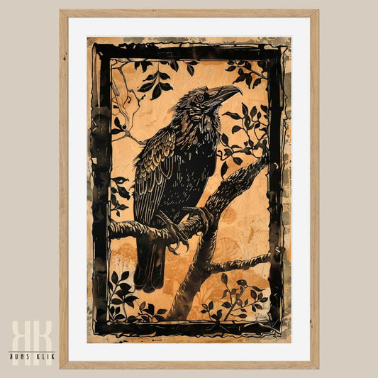 Bold Raven on Branch in Antique Woodcut Style