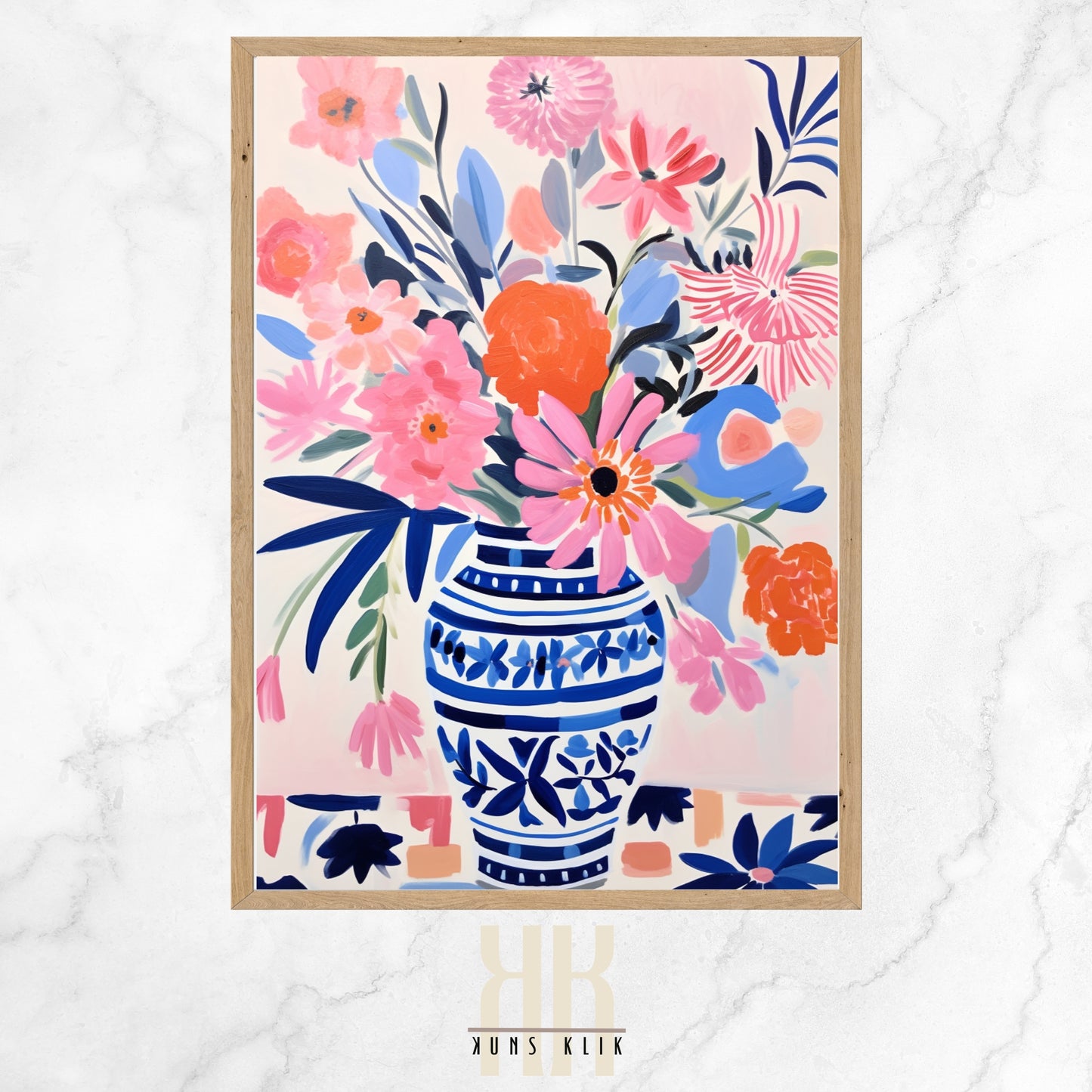  Bright and colorful contemporary painting of a floral arrangement in a blue and white patterned vase, set against a gradient pink background, using a bold graphic style with expressive brushstrokes.