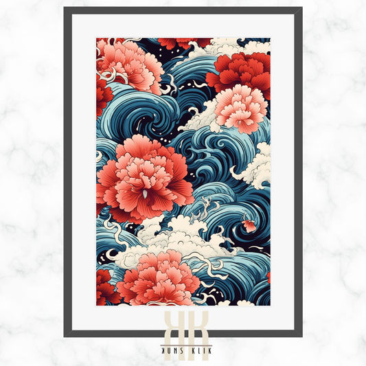 Japanese Blossoms and Waves Art Print