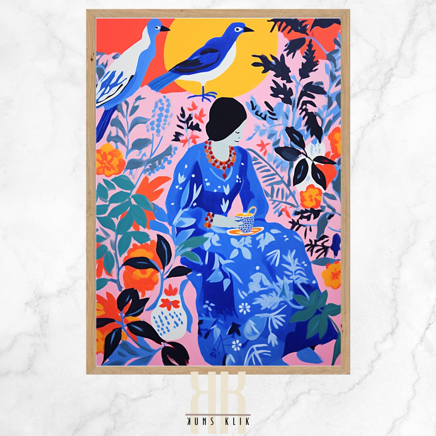 A colorful art print featuring a variety of stylized birds perched on branches amidst lush foliage; each bird is depicted in a unique, vivid color palette against a floral background, creating a vibrant and dynamic scene celebrating wildlife and nature.