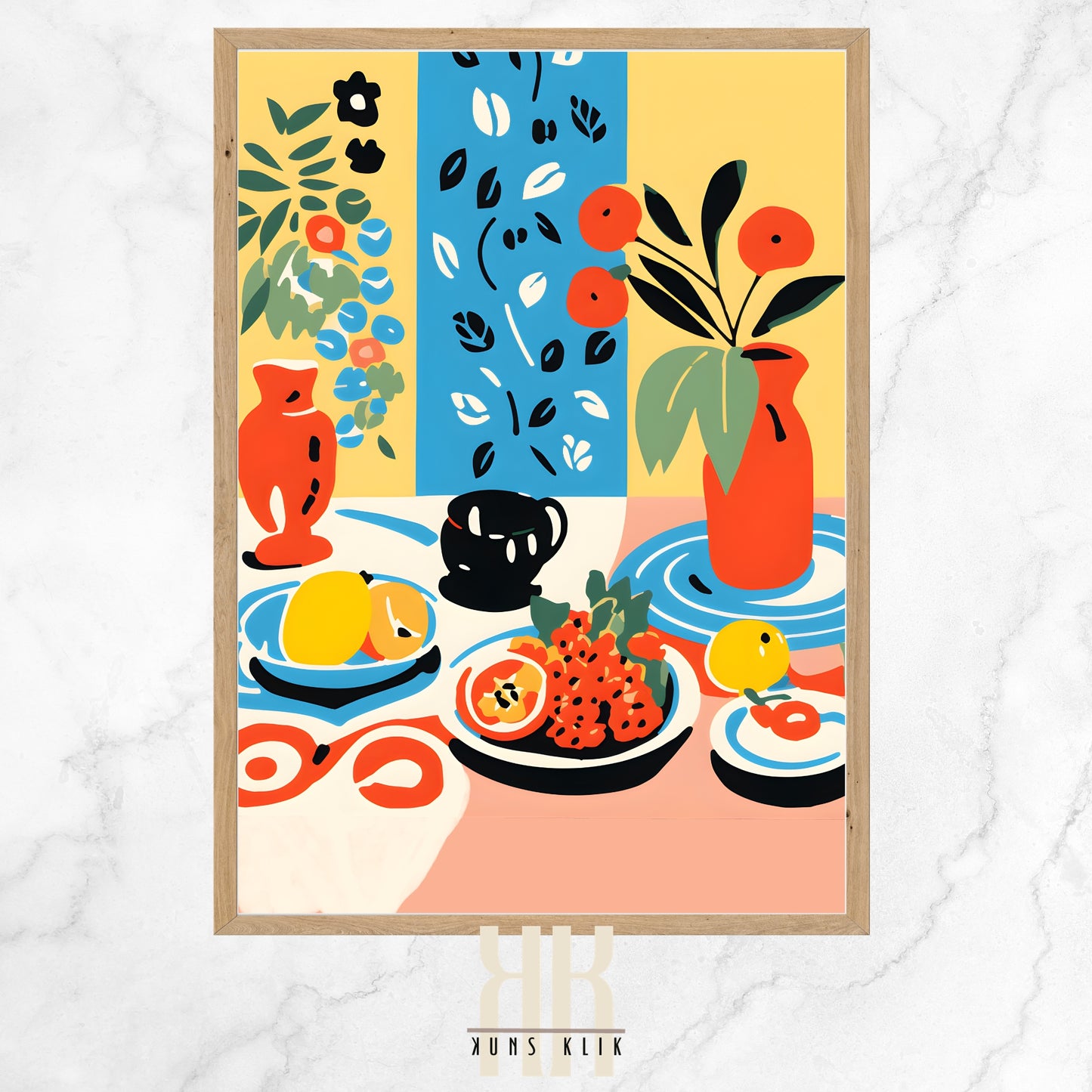  This vibrant art print depicts a colorful, abstract still life scene. A table is adorned with various items: a bright red vase with orange fruits and green foliage, a black cup, and plates with fruit and food patterns on a blue circular mat. The background is divided into blocks of yellow and blue, each filled with stylized floral and leaf patterns. The playful use of bold, flat colors and shapes gives the piece a modern, graphic look, reminiscent of cut-paper collage art.