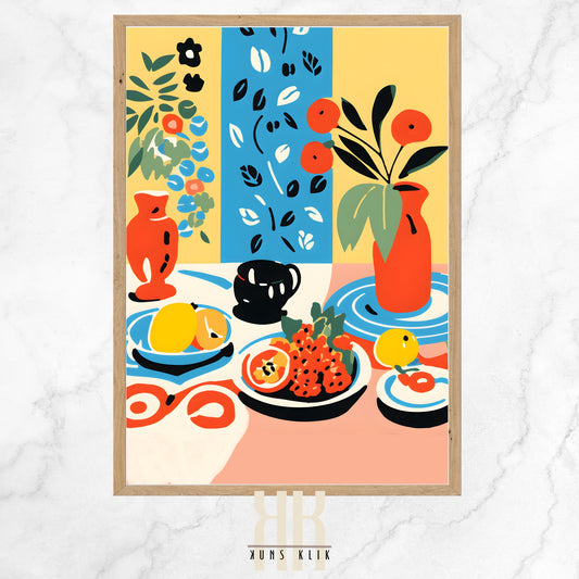  This vibrant art print depicts a colorful, abstract still life scene. A table is adorned with various items: a bright red vase with orange fruits and green foliage, a black cup, and plates with fruit and food patterns on a blue circular mat. The background is divided into blocks of yellow and blue, each filled with stylized floral and leaf patterns. The playful use of bold, flat colors and shapes gives the piece a modern, graphic look, reminiscent of cut-paper collage art.