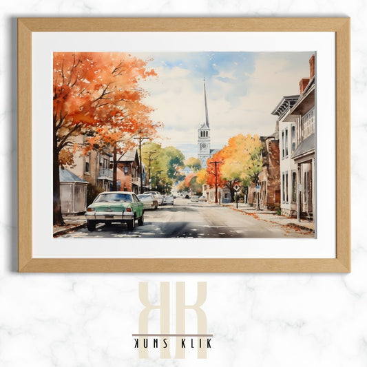 Historic Town Autumn Watercolor Landscape