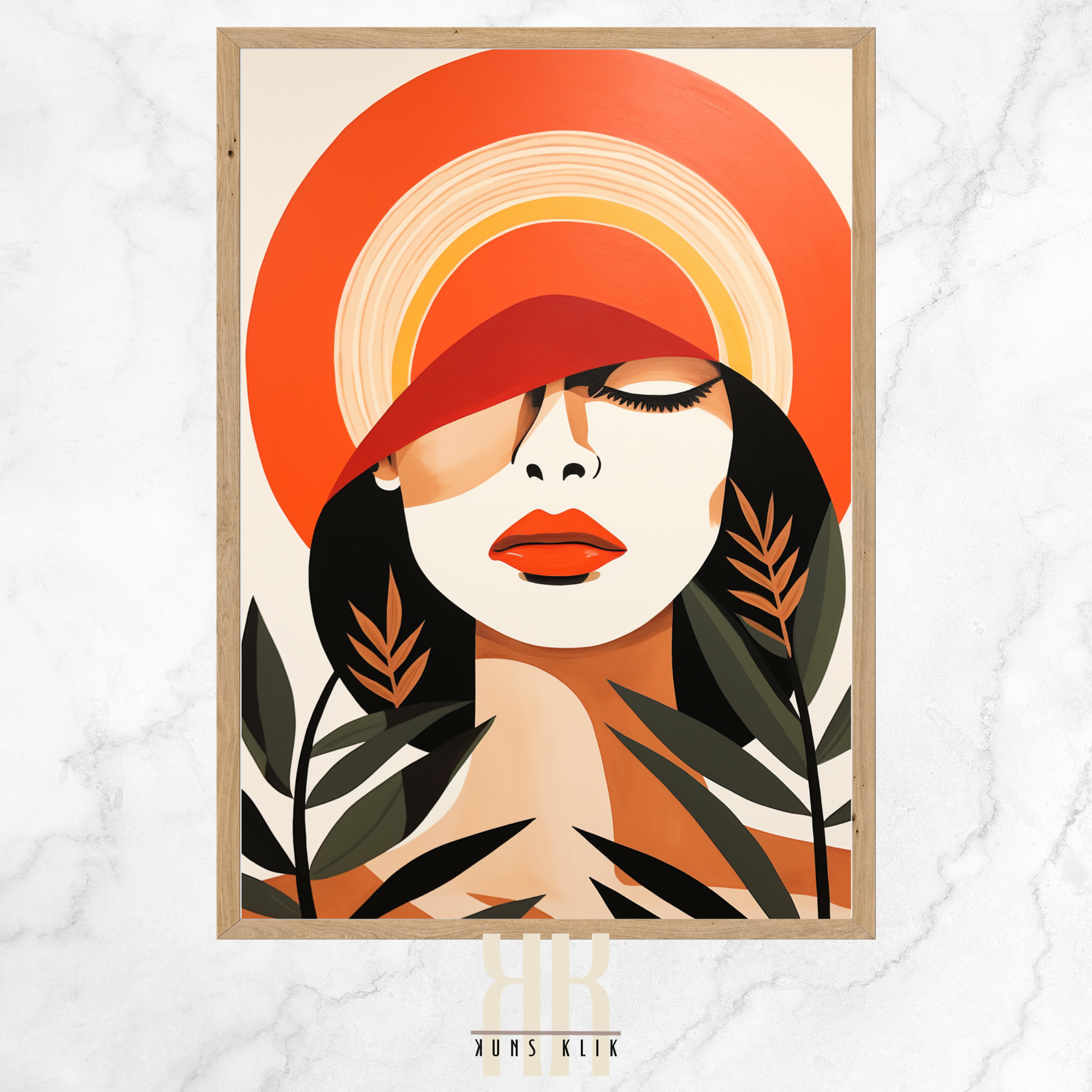 female face with sun beam, mountains and plants in the background in flat graphic bohemian style