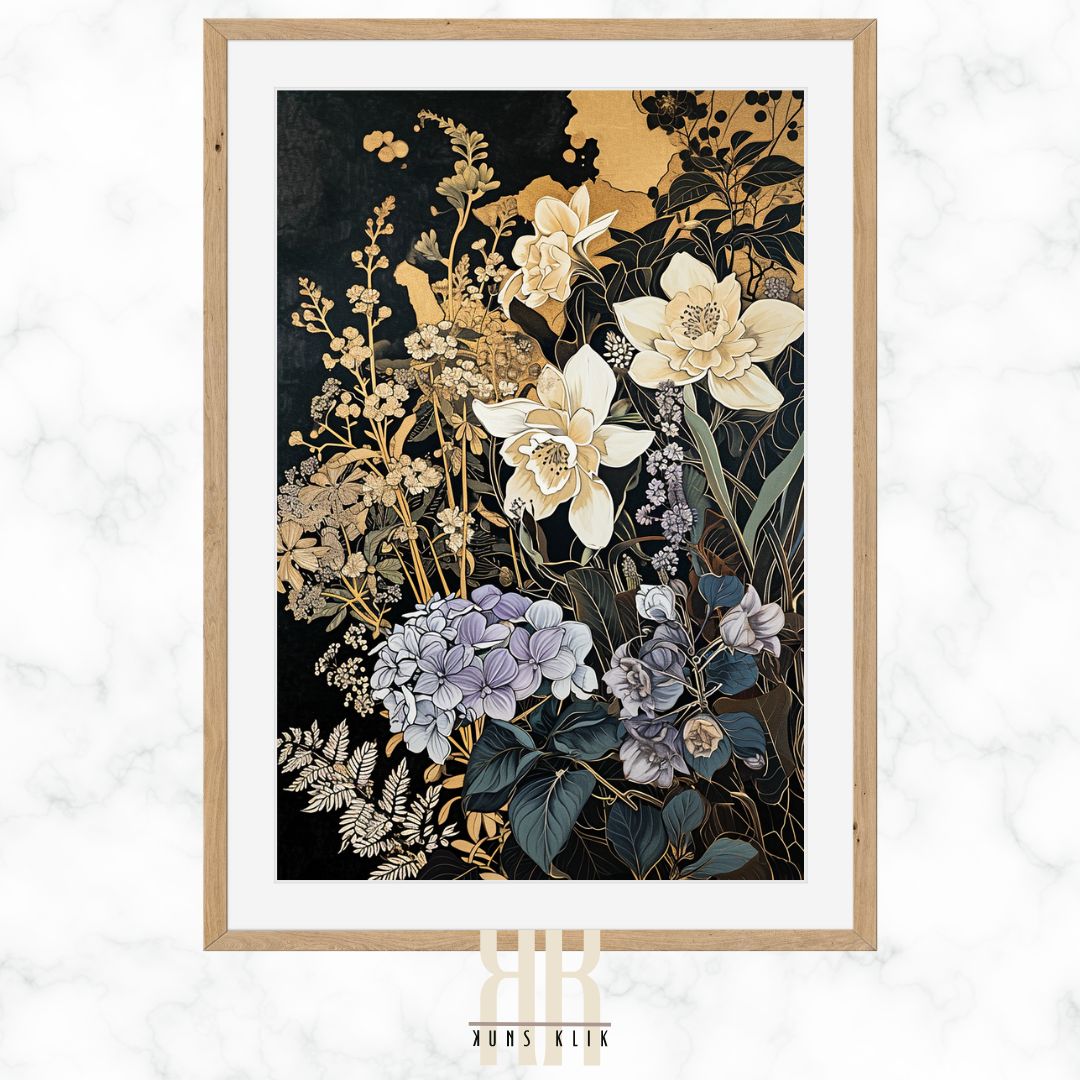 Floral Art Deco Black Gold Wall Art Print