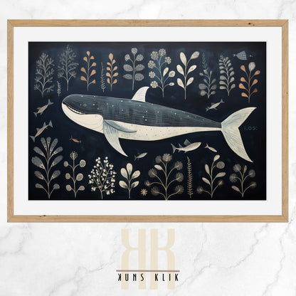 Digital illustration of a blue whale in a folk art style, surrounded by marine plant life and small fish, set against a navy blue background with a whimsical and serene underwater scene.