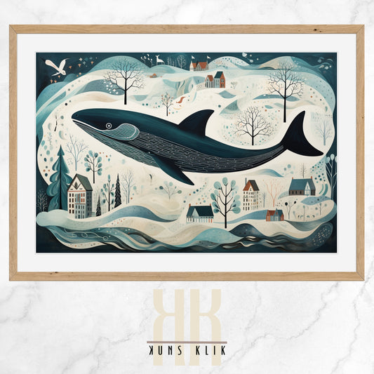 Digital illustration of a blue whale in a folk art style, surrounded by marine plant life and small fish, set against a navy blue background with a whimsical and serene underwater scene.