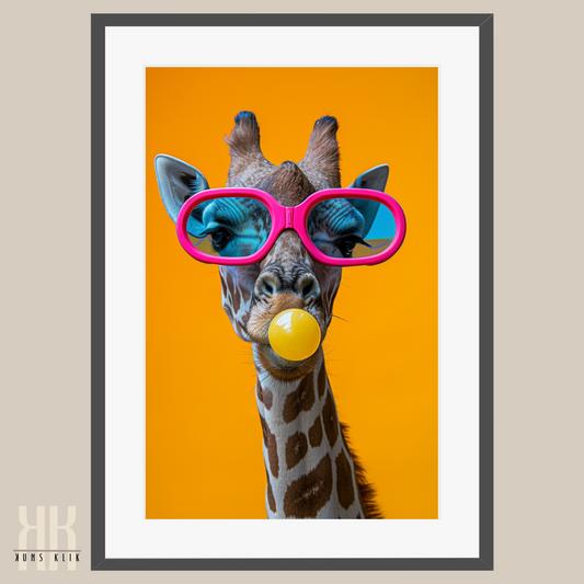 Giraffe Wearing Sunglasses Blowing a Bubble