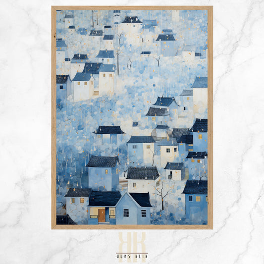 An art print of a stylized coastal town with geometric shapes in shades of blue, white, and subtle orange, evoking a serene seaside village with textured details.