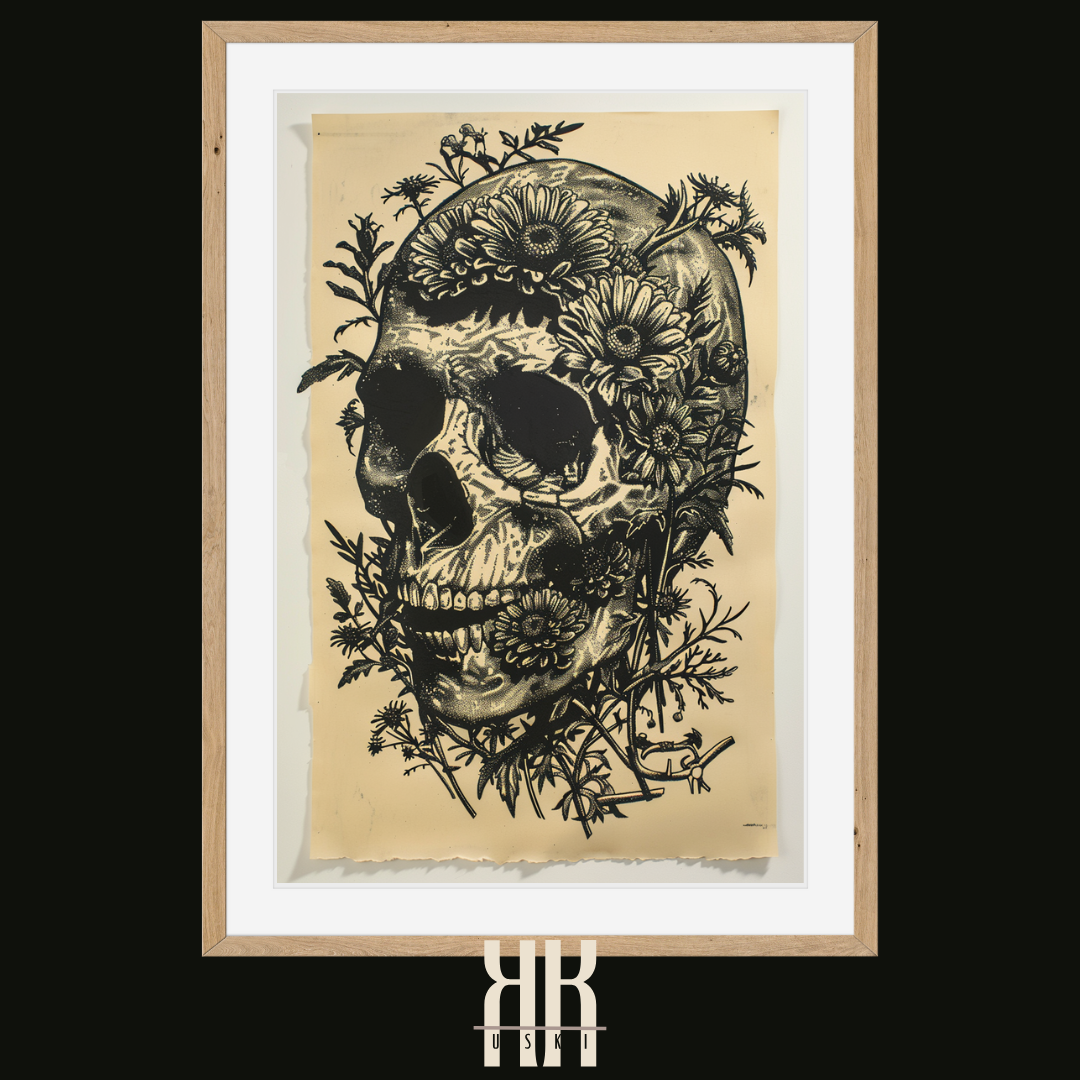 Detailed Floral Skull in Linocut Style