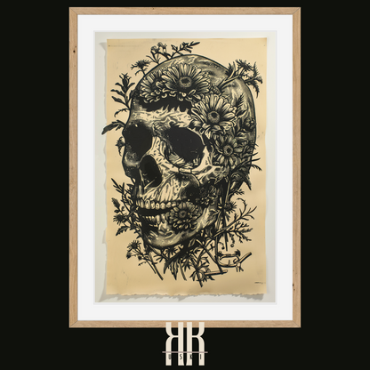 Detailed Floral Skull in Linocut Style