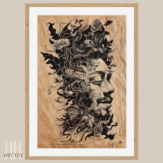 Man and Botanicals Fused Black and White Etching Art Print