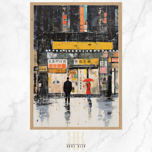 A digital art print of a rainy urban night scene, featuring two silhouetted figures walking under an umbrella among reflective, colorful, abstract shapes on wet pavement.