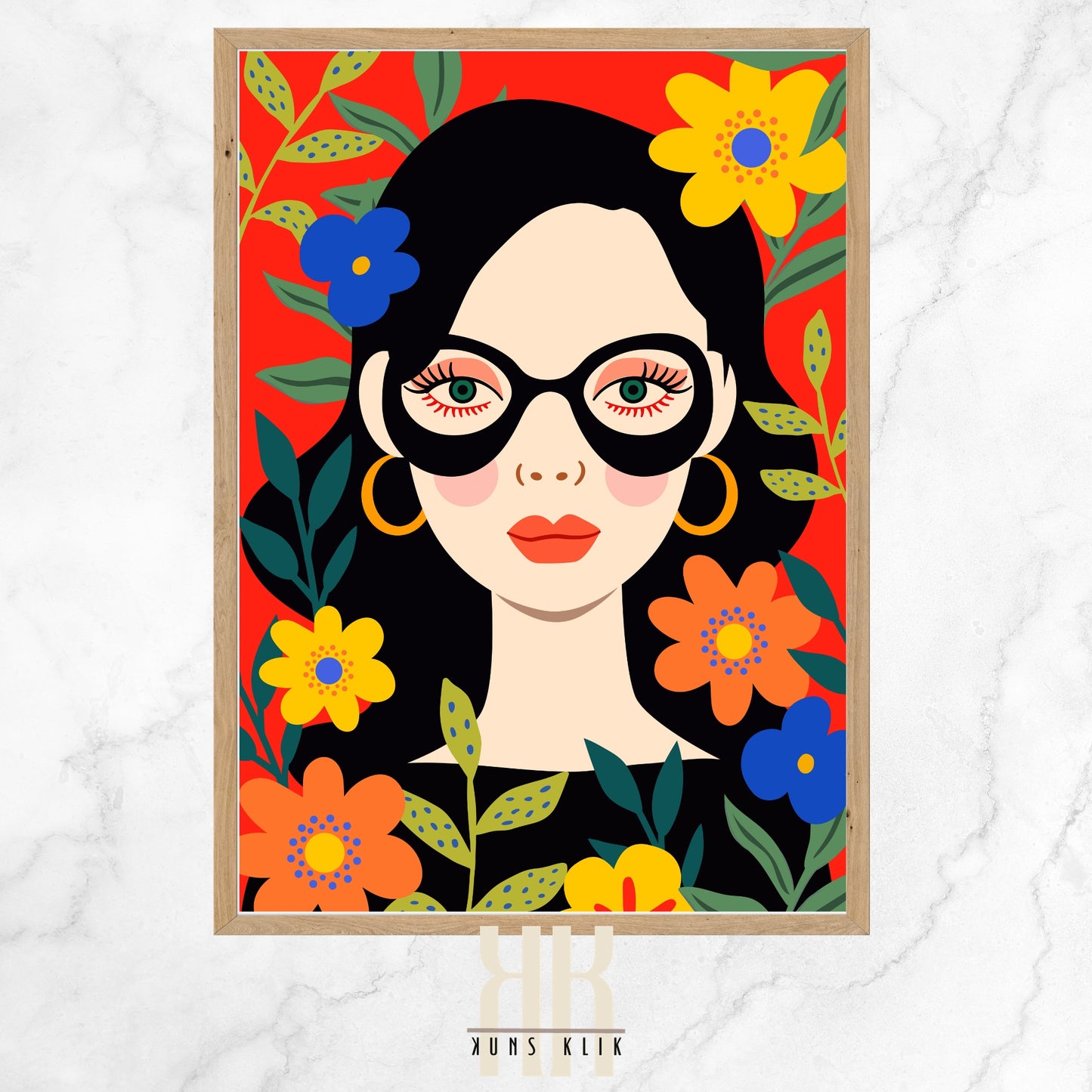 Graphic illustration of a woman with black hair and stylish sunglasses, surrounded by colorful flowers and leaves on a vibrant red background