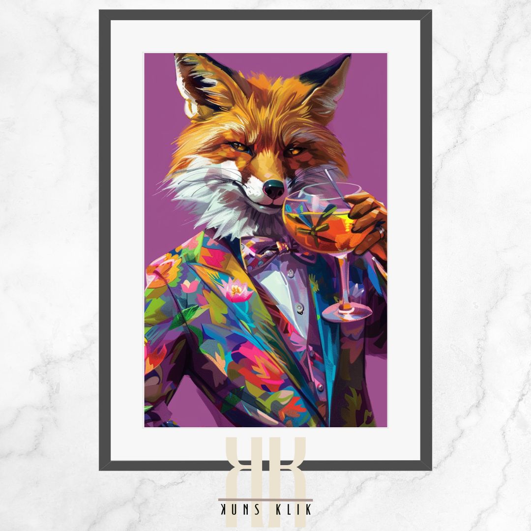 Fox in Vibrant Suit with Drink