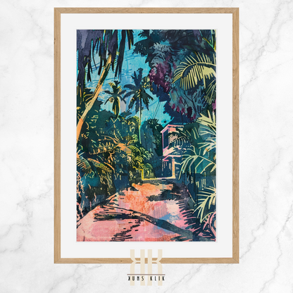 Tropical Jungle & Villa Art Print – Retro Linocut-Style Illustration