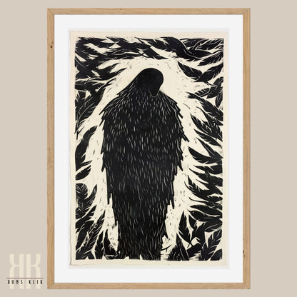 Silhouette of Crow with Feather Border Black Ink Etching