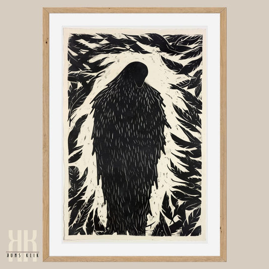 Silhouette of Crow with Feather Border Black Ink Etching