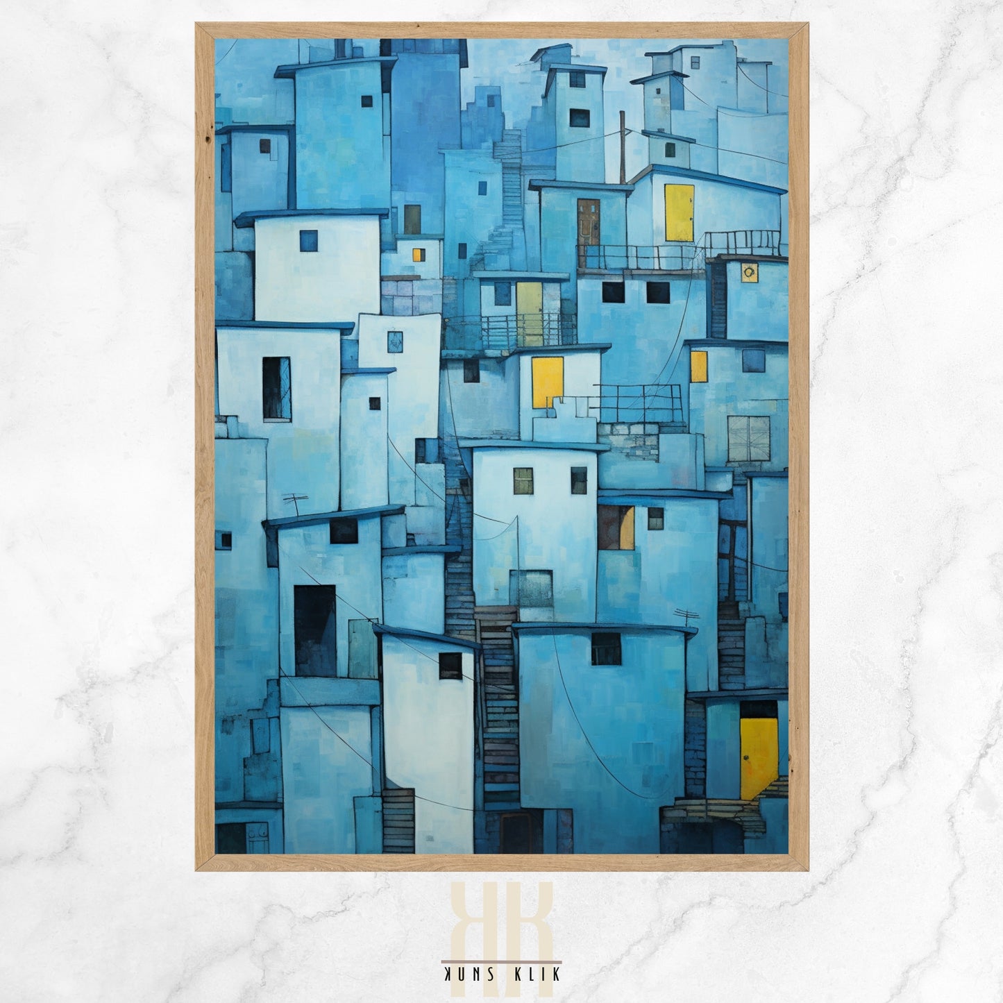 An art print of a stylized coastal town with geometric shapes in shades of blue, white, and subtle orange, evoking a serene seaside village with textured details.