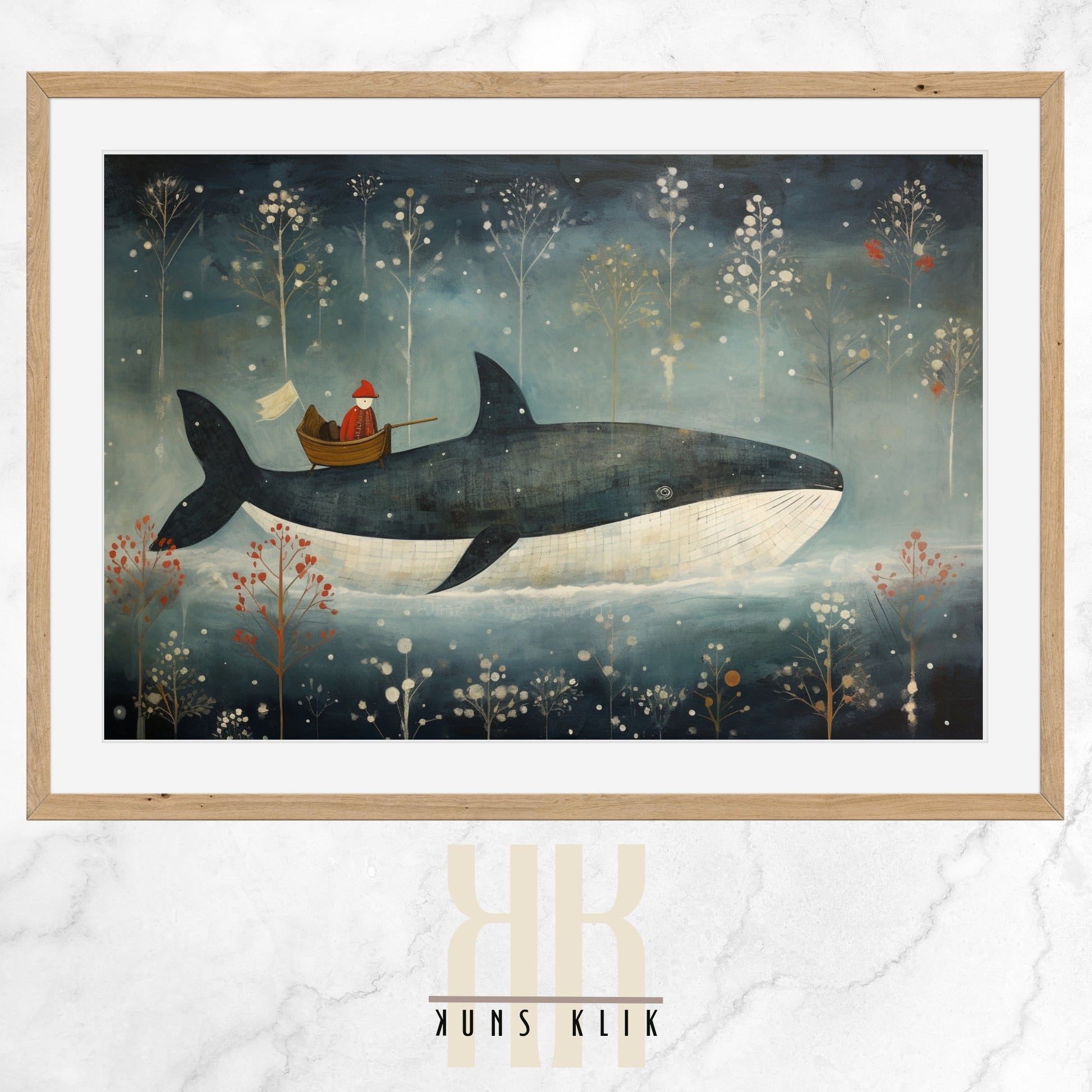 Digital illustration of a blue whale in a folk art style, surrounded by marine plant life and small fish, set against a navy blue background with a whimsical and serene underwater scene.