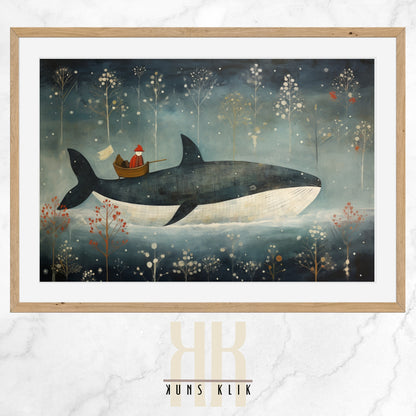 Digital illustration of a blue whale in a folk art style, surrounded by marine plant life and small fish, set against a navy blue background with a whimsical and serene underwater scene.