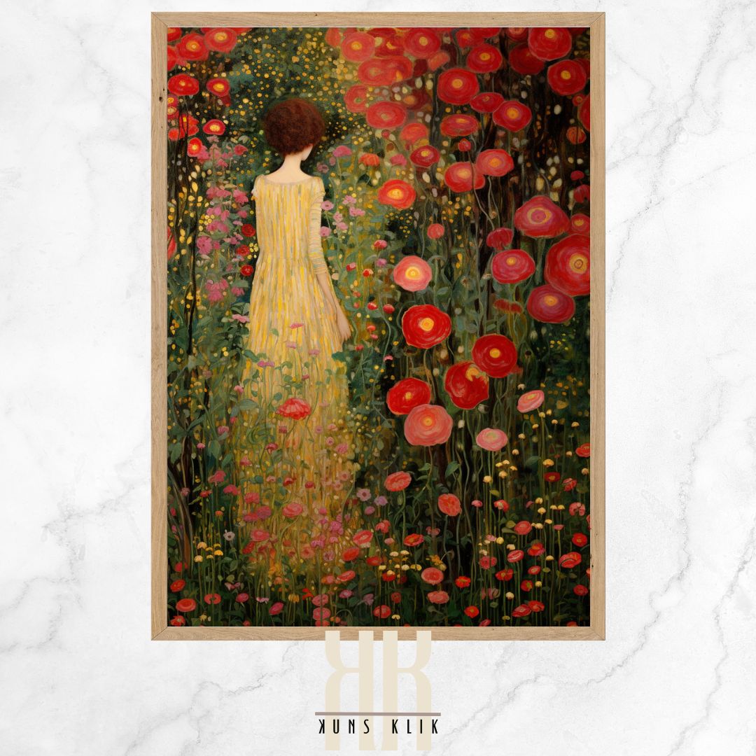 Gustav Klimt Inspired Woman in Vibrant Flower Landscape Print