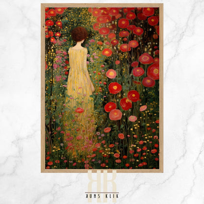 Gustav Klimt Inspired Woman in Vibrant Flower Landscape Print