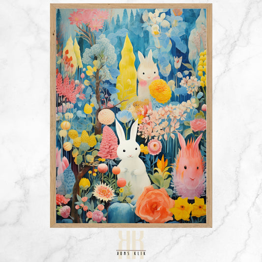  A whimsical painting depicting a figure in a bright pink and yellow outfit with a rabbit-eared headdress, surrounded by an assortment of animals, trees, and flowers in a stylized, fairy tale-like setting.