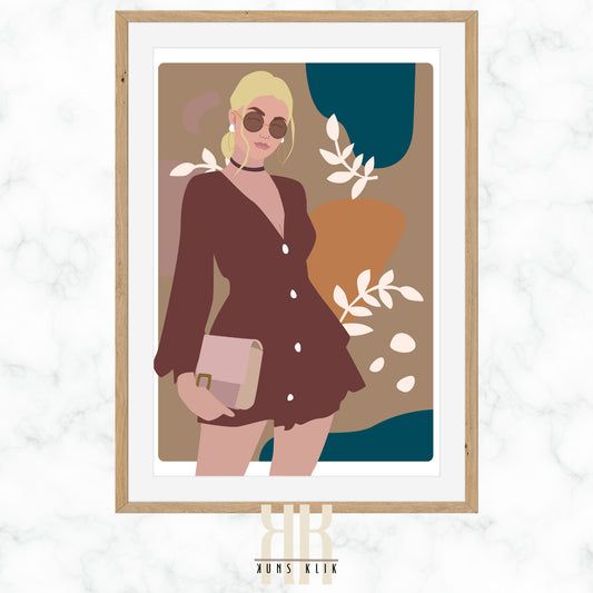 flat art style, woman dressed in bohemian style, rich earth tones, wall art