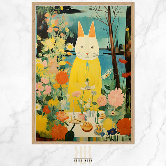  A whimsical painting depicting a figure in a bright pink and yellow outfit with a rabbit-eared headdress, surrounded by an assortment of animals, trees, and flowers in a stylized, fairy tale-like setting.