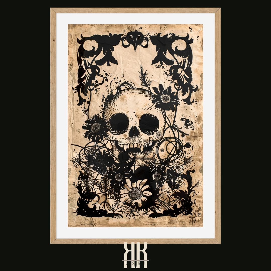 Floral Skull Linocut Print with Dark Garden Theme