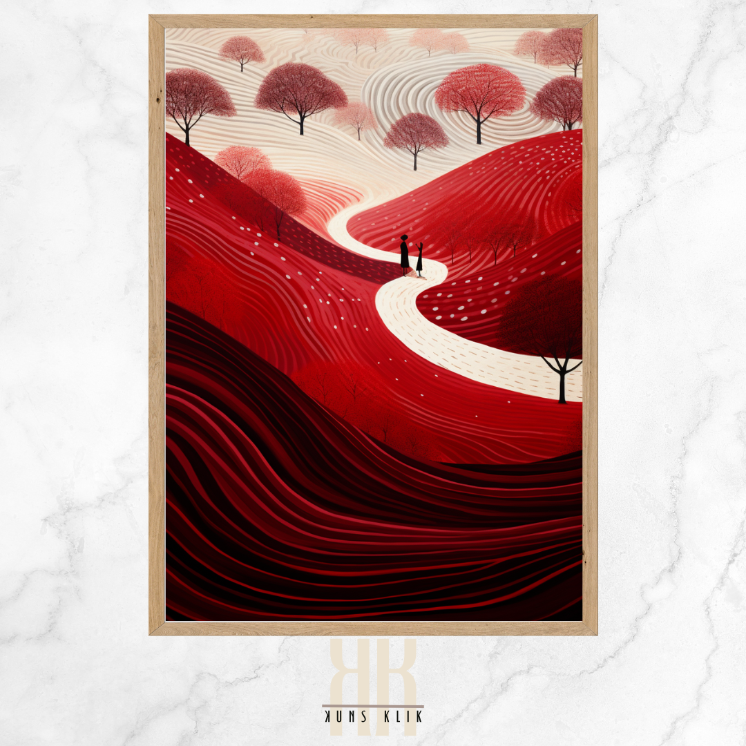 Abstract Red Landscape Print with Silhouetted Figures