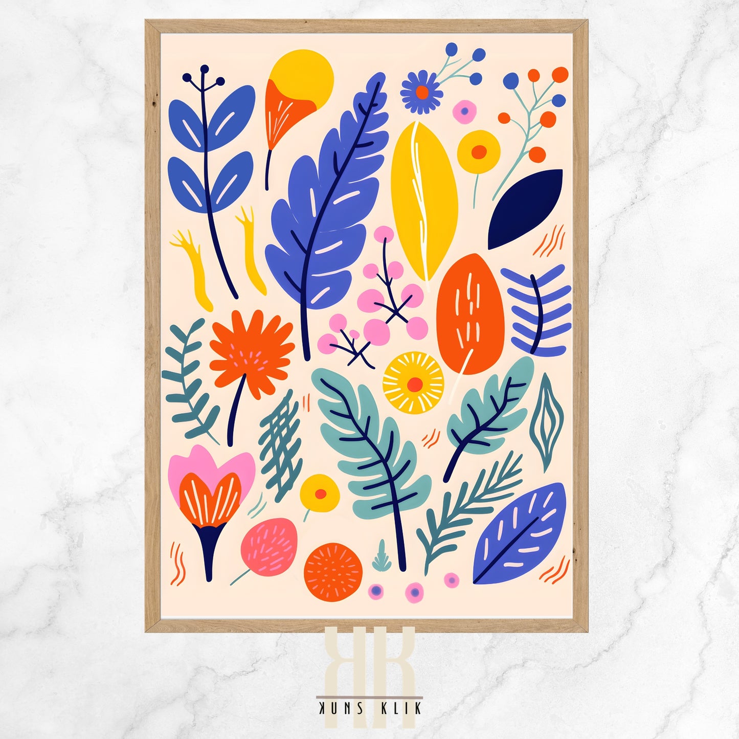  The image is a lively and colorful abstract illustration of various plants and flowers. It features an assortment of botanical shapes and foliage in a playful composition. The color palette includes bright blues, yellows, oranges, reds, and greens, with touches of pink and purple, set against a light cream background. The flora is stylized with simple, bold forms, creating a cheerful and whimsical effect. This artwork exudes a sense of joy and would add a vibrant touch to any space.