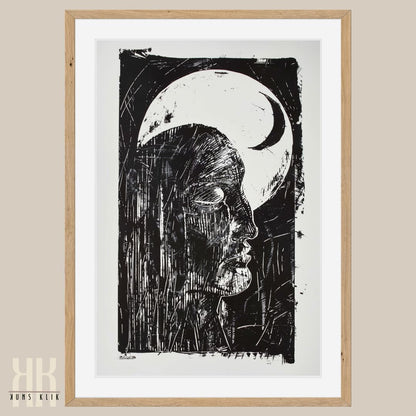Black and White Etching Figure in the Night with Moon